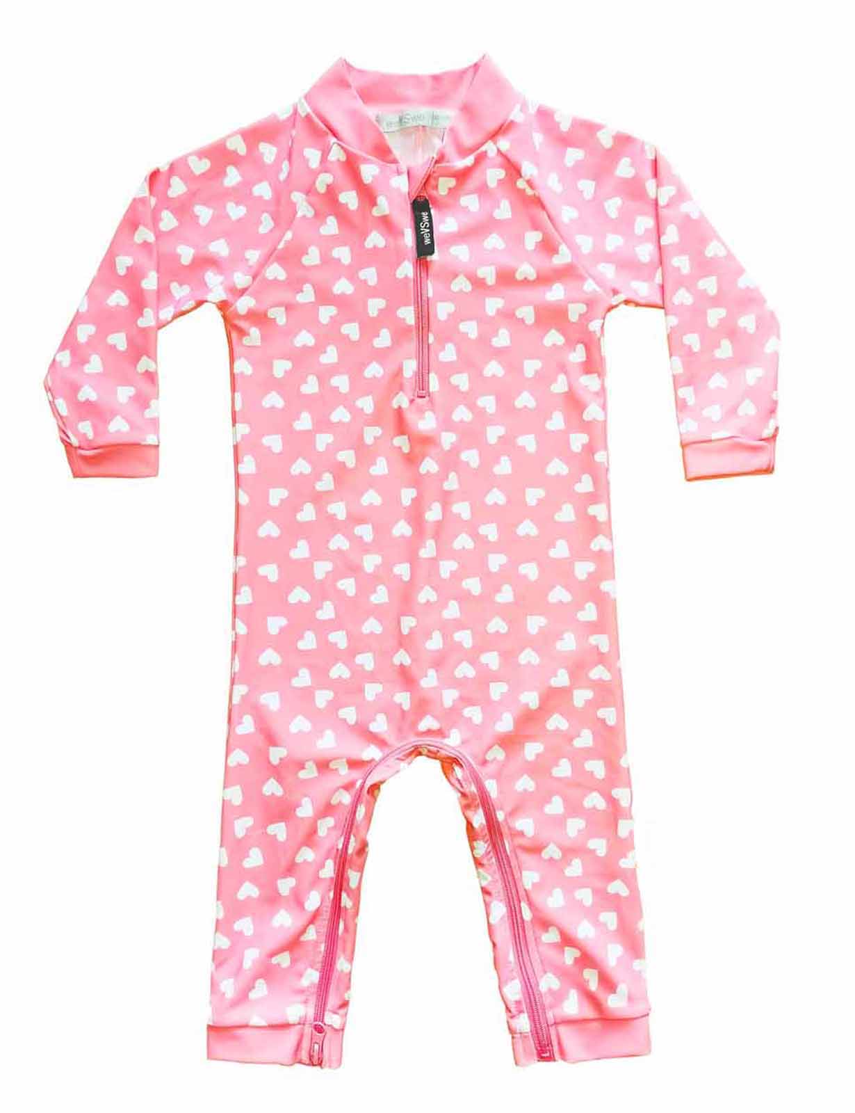 UAM-002(6-12) weVSwe Baby Toddler Sun Protection Rash Guard One Piece Pink Heart Girls Swimsuit Crotch Zipper for Easy Diaper Changes